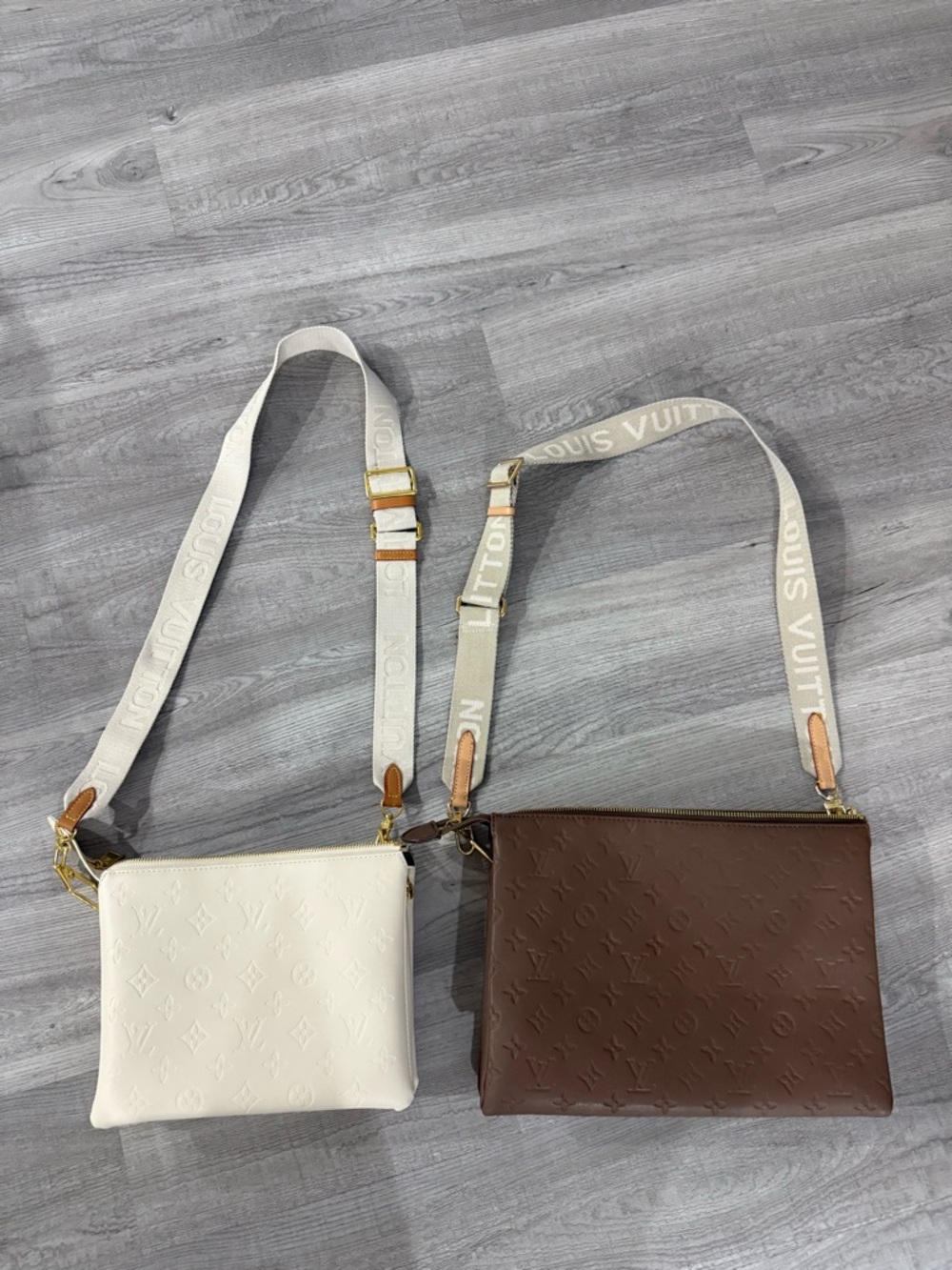 Others Follow White and Brown Double Pouch Crossbody Set with Branded Strap